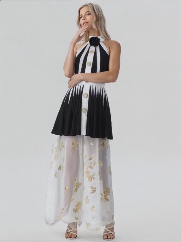 Gemma Dress - Halter Neck a-Line Silhouette - Pleated Skirt - Rose Embellishment - Chic Modern Design