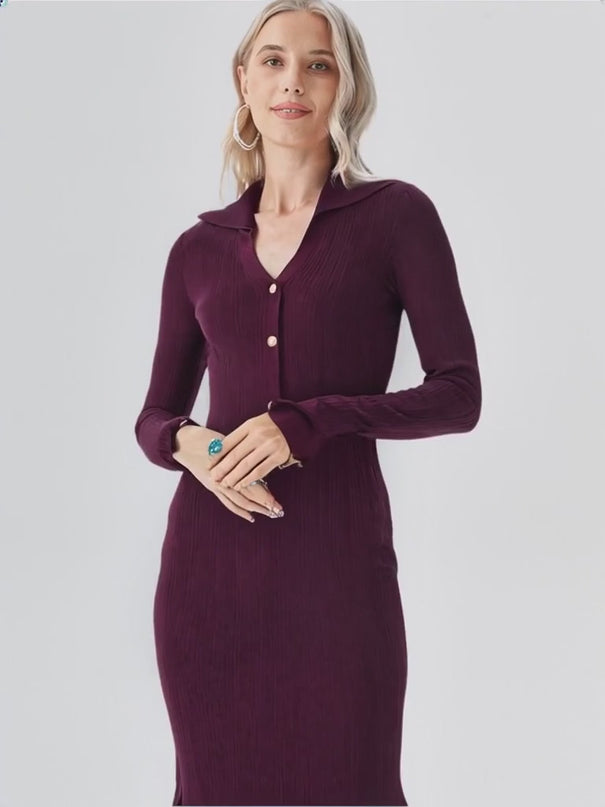 Annie Dress - Fitted Silhouette With Flared Hem - Ribbed Texture With Button Details - Bodycon Fit With Long Sleeves - Vintage-Inspired Chic Style