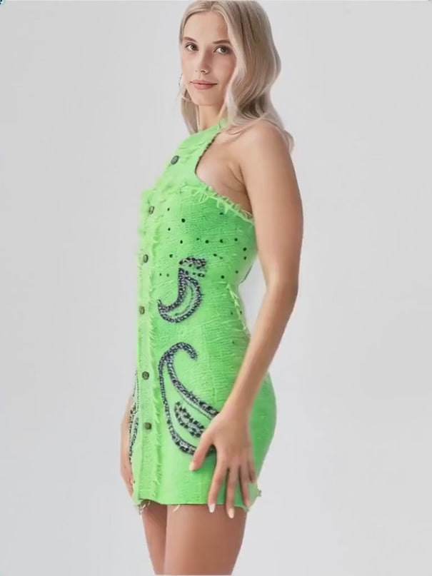 Santa Dress - Fitted Halter Neck Silhouette - Textured Fabric With Embellishments - Tailored Fit - Rhinestone Accents & Button Closure