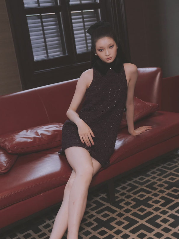 Clara Dress - Sleeveless A-Line Silhouette - Velvet Collar - Shimmering Details - Relaxed Fit