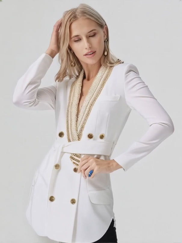 Arianna Blazer - Tailored Double-Breasted Design - Embellished Collar - Waist-Cinching Belt - Lightweight Fabric - Modern Luxury Style