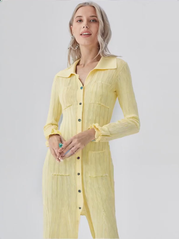 Piera Maxi Dress - Flattering Fit - Retro Collared Design - Lightweight Ribbed Knit - Versatile Styling - Trendy Flared Sleeve