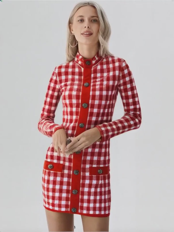 Naomi Mini Dress - Tailored Silhouette - Bold Checkered Pattern - Slim Fit - Gold-tone Buttons - Timeless Gingham Trend