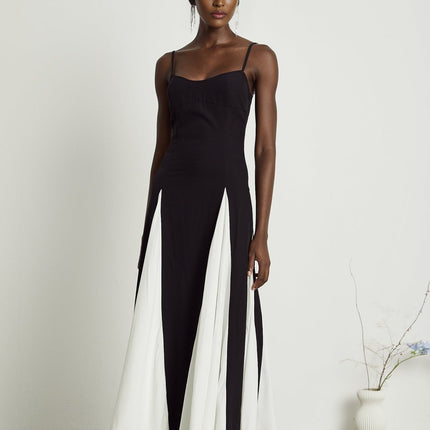 Primula Black & White Maxi Dress Sleeveless Silhouette Adjustable Spaghetti Straps Colorblock Design Pleated Skirt Side Zipper Closure 100% Terylene Fiber Formal Evening Chic Summer Nights