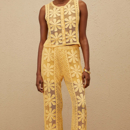 Primula Yellow Crochet Knit Top Trousers Set Floral Jacquard Design