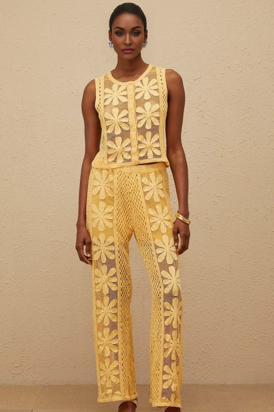 Primula Yellow Crochet Knit Top Trousers Set Floral Jacquard Design