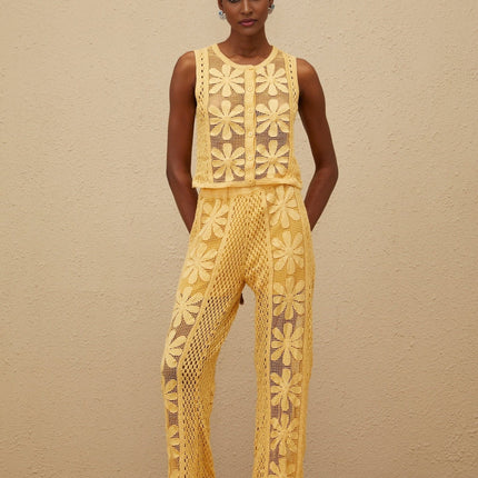 Primula Yellow Crochet Knit Top Trousers Set Floral Jacquard Design