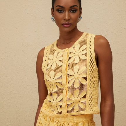 Primula Yellow Crochet Knit Top Trousers Set Floral Jacquard Design