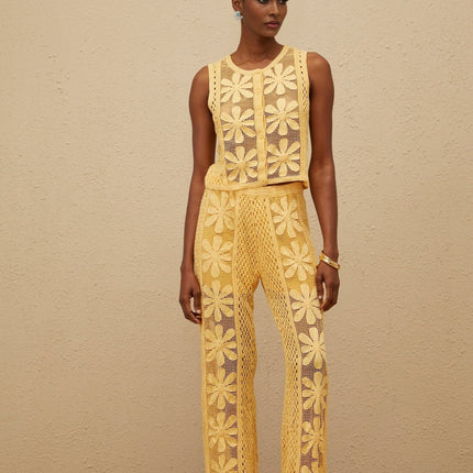 Primula Yellow Crochet Knit Top Trousers Set Floral Jacquard Design