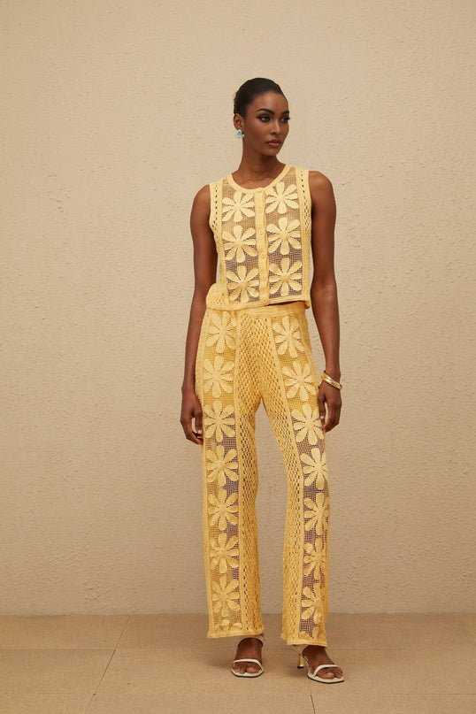 Primula Yellow Crochet Knit Top Trousers Set Floral Jacquard Design