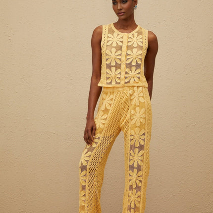 Primula Yellow Crochet Knit Top Trousers Set Floral Jacquard Design