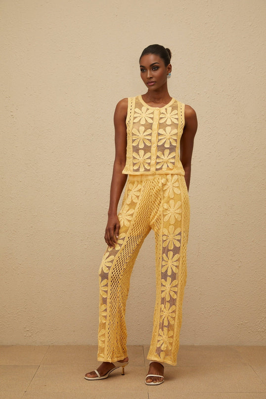 Primula Yellow Crochet Knit Top Trousers Set Floral Jacquard Design