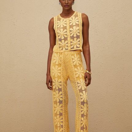 Primula Yellow Crochet Knit Top Trousers Set Floral Jacquard Design