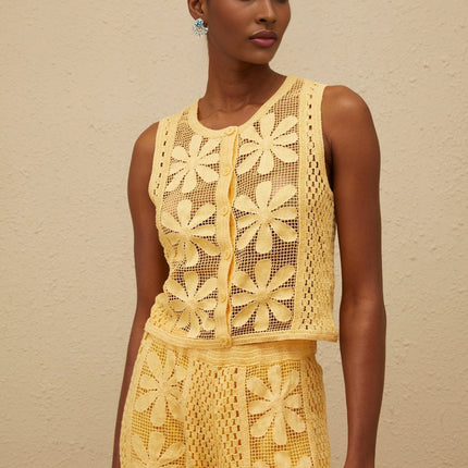 Primula Yellow Crochet Knit Top Trousers Set Floral Jacquard Design