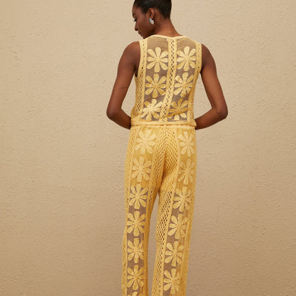Primula Yellow Crochet Knit Top Trousers Set Floral Jacquard Design