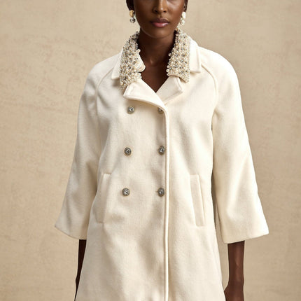 Priscilla Cream White Wool Cashmere Coat with Crystal and Pearl Embellishments