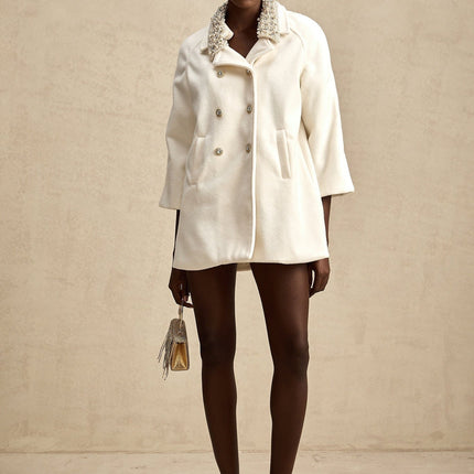 Priscilla Cream White Wool Cashmere Coat with Crystal and Faux Pearl Embellishments