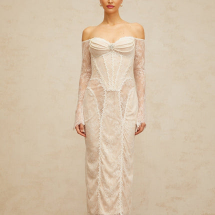 Priscilla White Lace Crystal Pearl Midi Dress