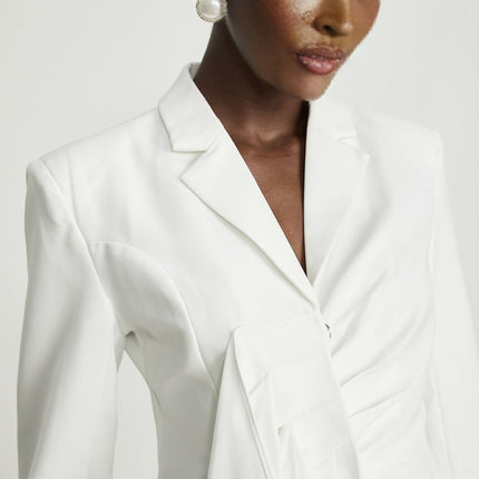 Priscilla White Asymmetric Draped Blazer 100% Viscose Notched Lapels Long Sleeves Buttoned Cuffs Straight Hem Elegant Versatile Essential