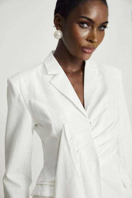 Priscilla White Asymmetric Draped Blazer 100% Viscose Notched Lapels Long Sleeves Buttoned Cuffs Straight Hem Elegant Versatile Essential