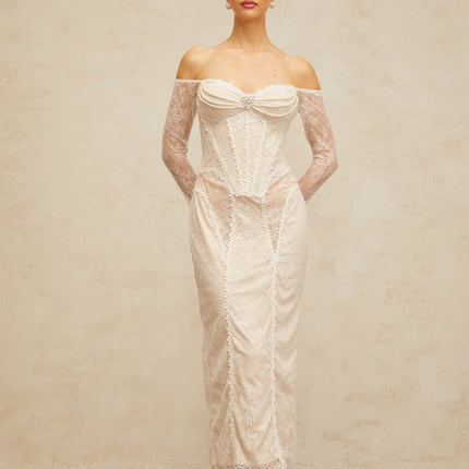 Priscilla White Lace Crystal Embellished Midi Dress