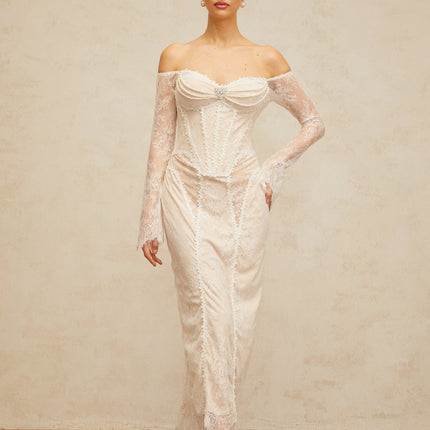 Priscilla White Lace Crystal Embellished Midi Dress
