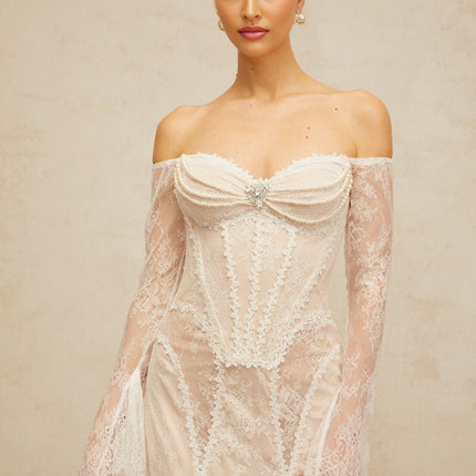 Priscilla White Lace Crystal Embellished Midi Dress