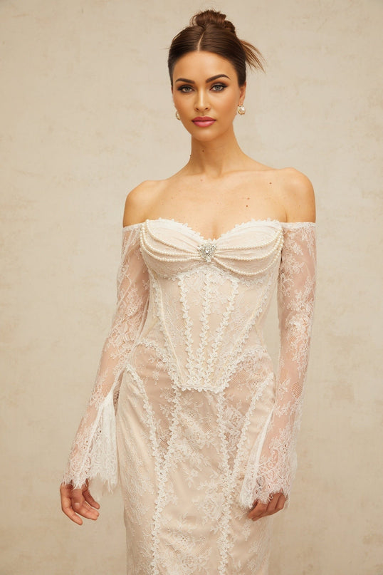 Priscilla White Lace Crystal Embellished Midi Dress