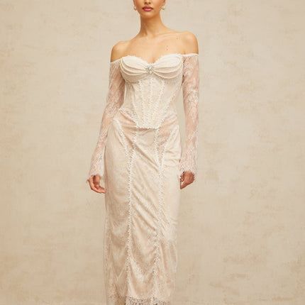 Priscilla White Lace Crystal Midi Dress