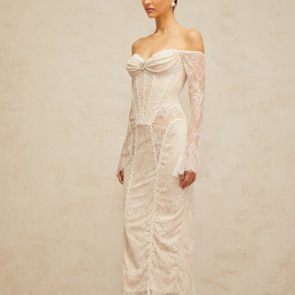 Priscilla White Lace Midi Dress with Crystal and Faux-Pearl Embellishments