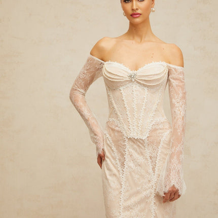 Priscilla White Lace Midi Dress with Crystal and Faux-Pearl Embellishments