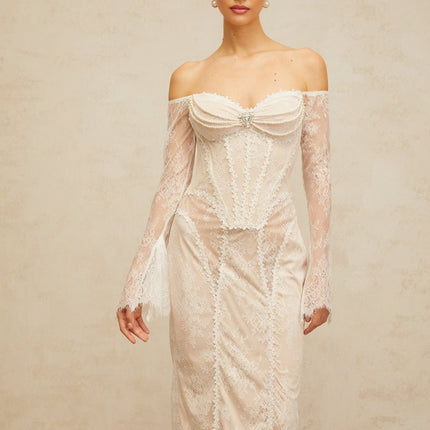 Priscilla White Lace Midi Dress with Crystal and Faux-Pearl Embellishments