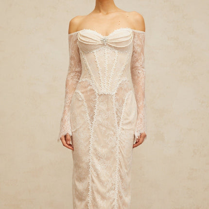 Priscilla White Lace Midi Dress with Crystal and Faux-Pearl Embellishments