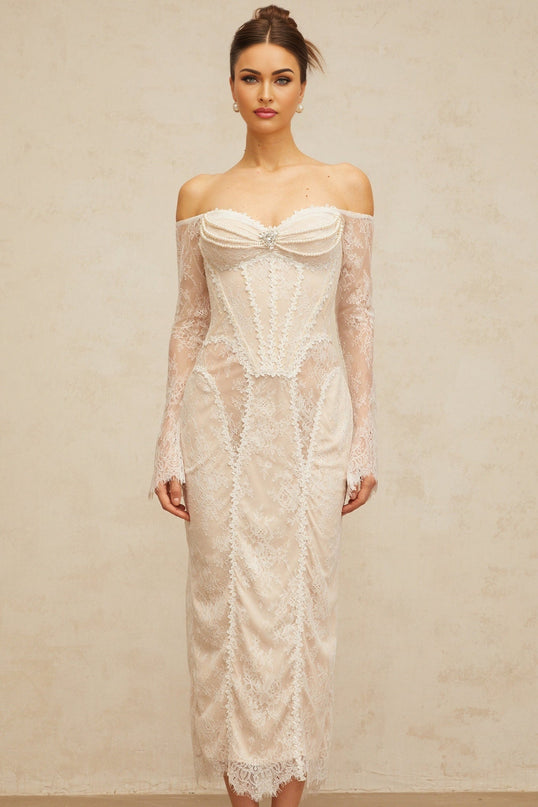 Priscilla White Lace Midi Dress with Crystal and Faux-Pearl Embellishments