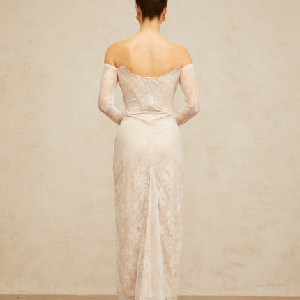 Priscilla White Lace Midi Dress with Crystal and Faux-Pearl Embellishments
