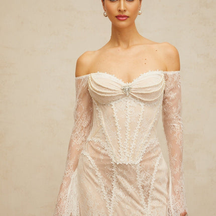 Priscilla White Lace Midi Dress with Crystal and Faux-Pearl Embellishments