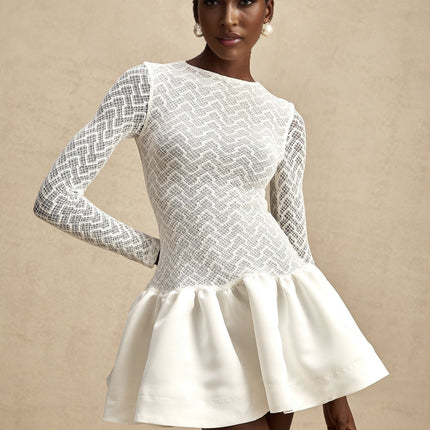 Priscilla White Lace Mini Dress with Ruffled Detailing and Flared Hem