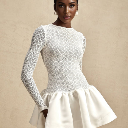 Priscilla White Lace Panel Mini Dress with Ruffled Hem and Zip Fastening