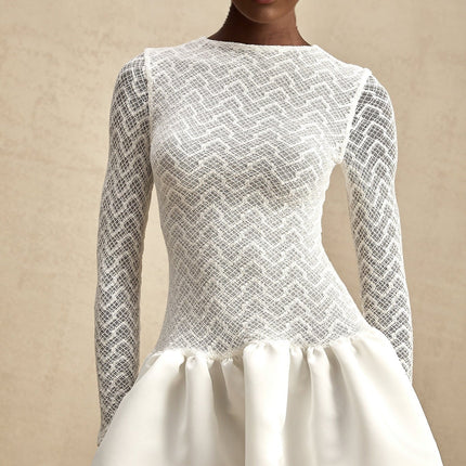 Priscilla White Lace Panelled Mini Dress Terylene Spandex Ruffled Flared Hem