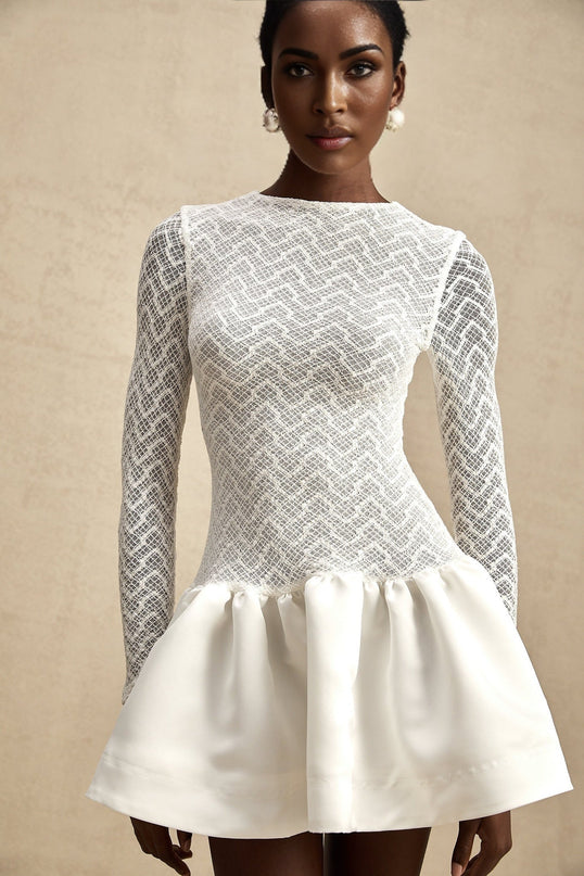 Priscilla White Lace Panelled Mini Dress Terylene Spandex Ruffled Flared Hem