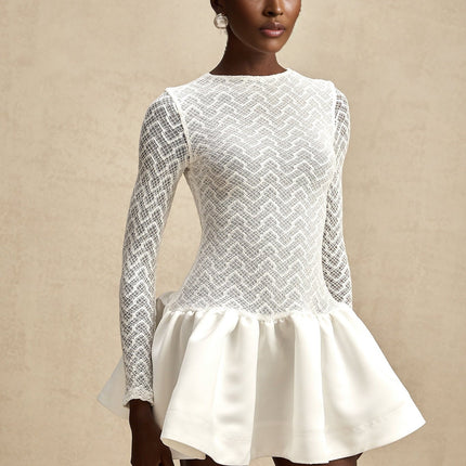 Priscilla White Lace Panelled Mini Dress with Ruffled Hem and Rear Zip Fastening