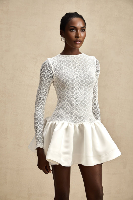 Priscilla White Lace Panelled Mini Dress with Ruffled Hem and Rear Zip Fastening