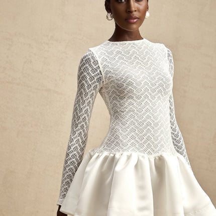 Priscilla White Lace Panelled Mini Dress with Ruffled Hem and Zip Fastening