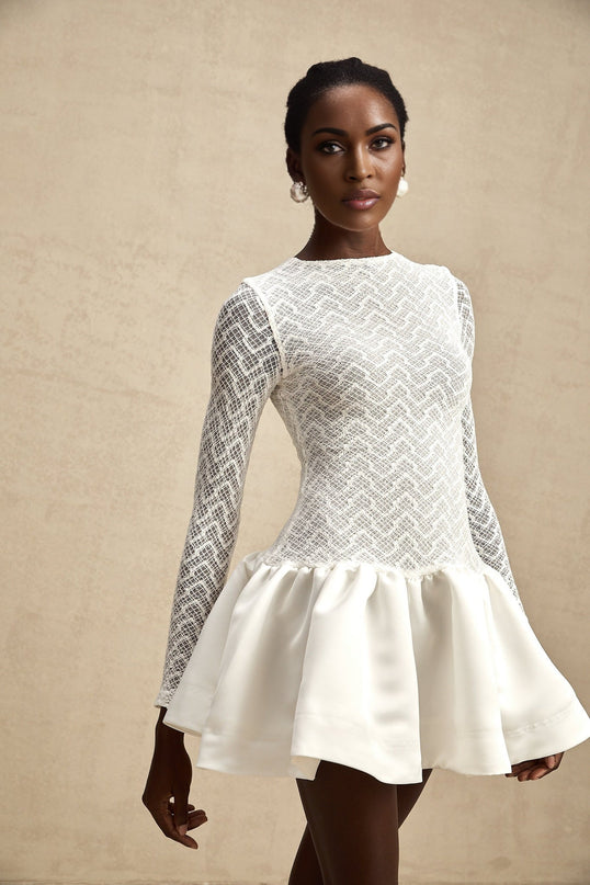 Priscilla White Lace Panelled Mini Dress with Ruffled Hem and Zip Fastening