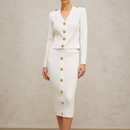 Priscilla White Rib Knit Epaulette Jacket and Skirt Set
