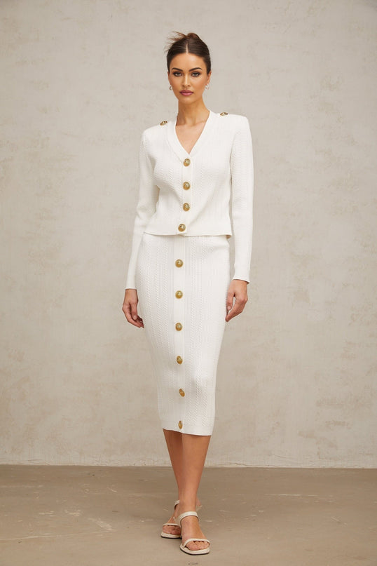 Priscilla White Rib Knit Epaulette Jacket and Skirt Set