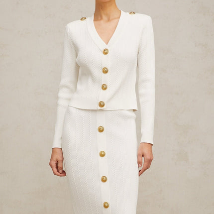 Priscilla White Rib Knit Epaulette Jacket Skirt Set