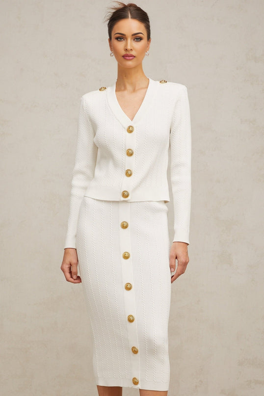 Priscilla White Rib Knit Epaulette Jacket Skirt Set