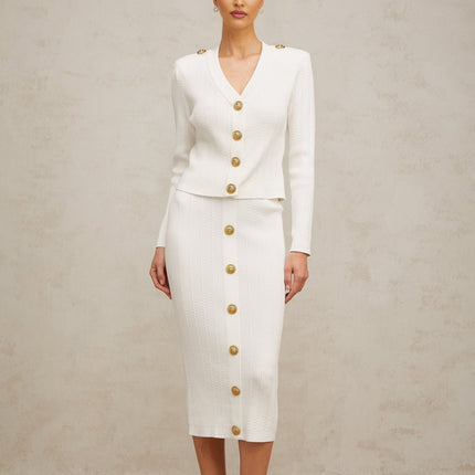 Priscilla White Rib Knit Epaulette Jacket Skirt Set