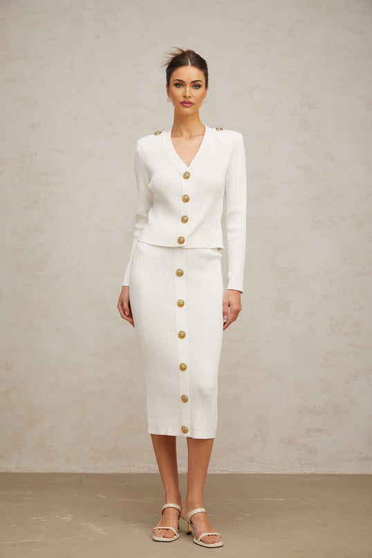 Priscilla White Rib Knit Epaulette Jacket Skirt Set